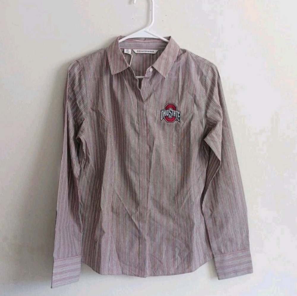 NWT Ohio State Buckeyes Women's Cutter & Buck Size S/P Striped BTN UP, L/S Shirt